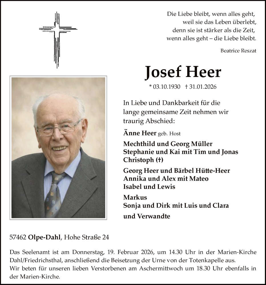  Traueranzeige für Josef Heer vom 07.02.2026 aus HASK