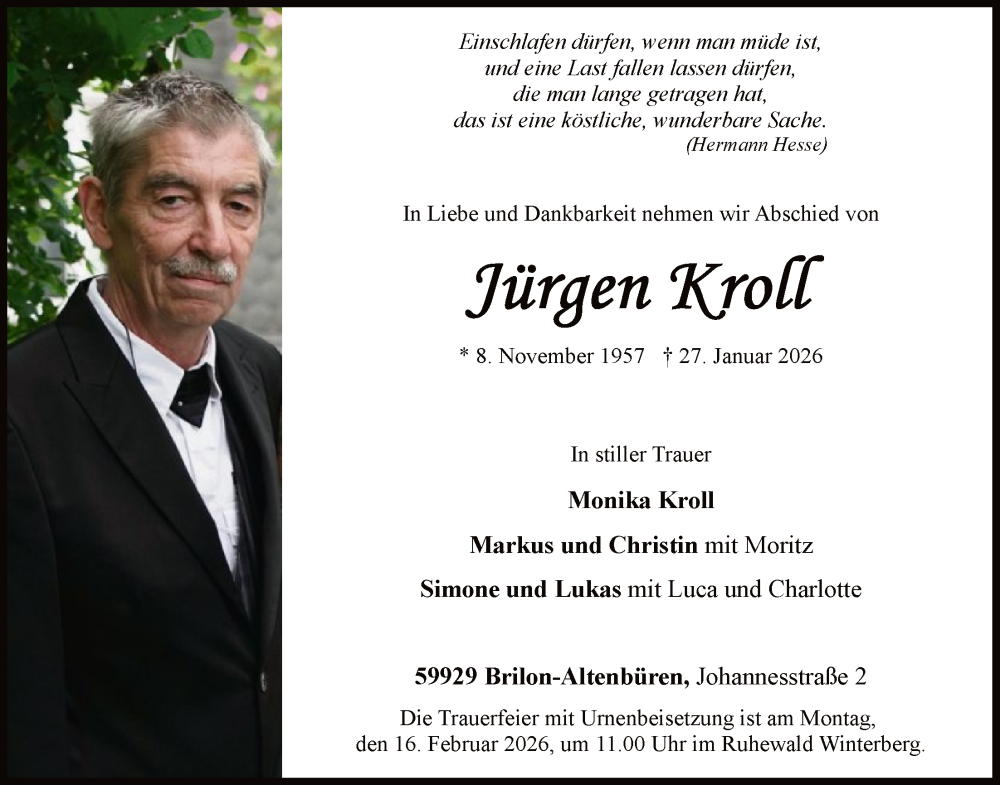 Traueranzeige für Jürgen Kroll vom 07.02.2026 aus HASK