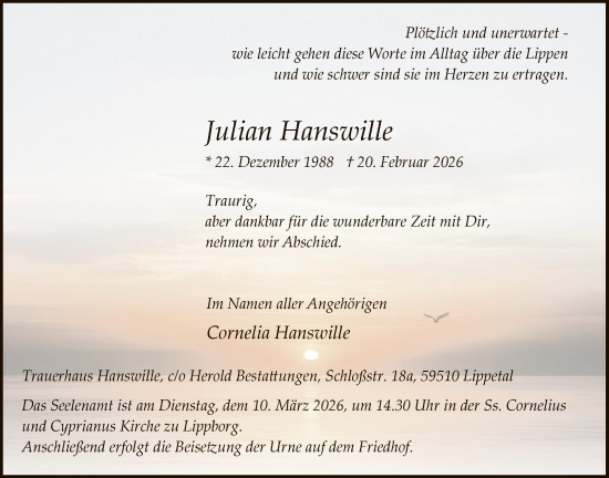 Traueranzeige von Julian Hanswille von HASO