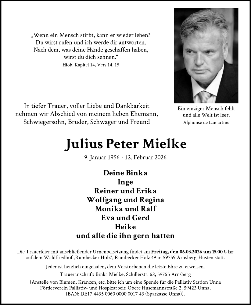  Traueranzeige für Julius Peter Mielke vom 28.02.2026 aus HASK