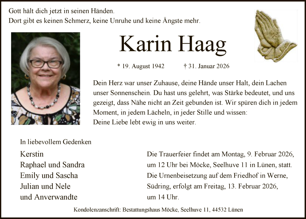  Traueranzeige für Karin Haag vom 06.02.2026 aus HAWA