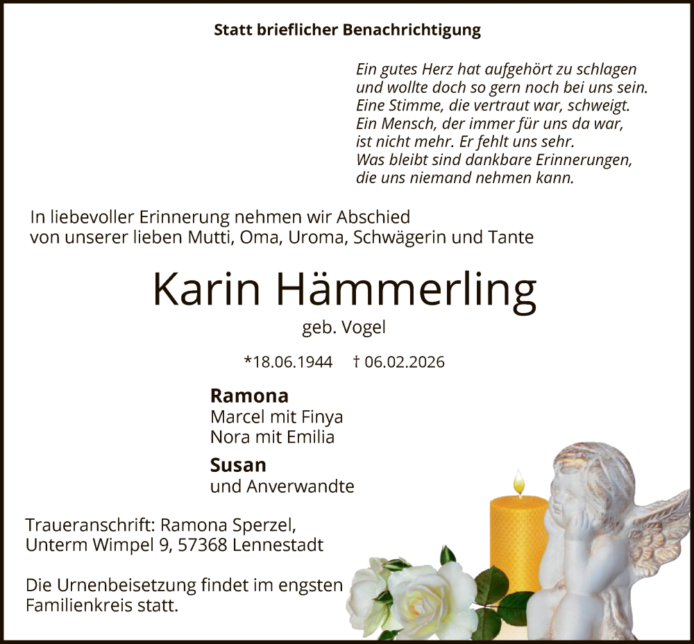  Traueranzeige für Karin Hämmerling vom 14.02.2026 aus HASK