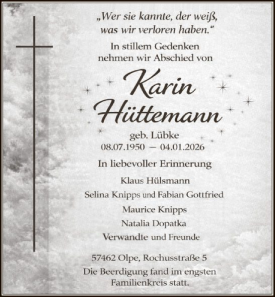 Traueranzeige von Karin Hüttemann von HASK