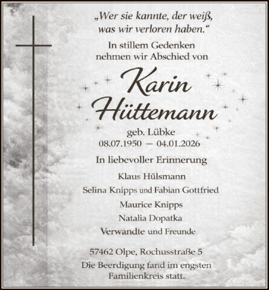  Traueranzeige für Karin Hüttemann vom 07.02.2026 aus HASK