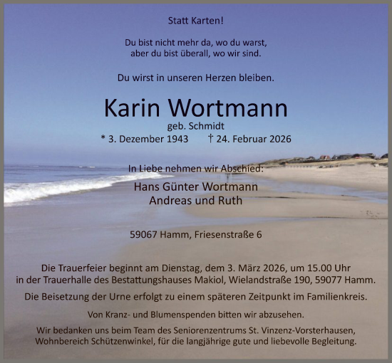 Traueranzeige von Karin Wortmann von HAWA