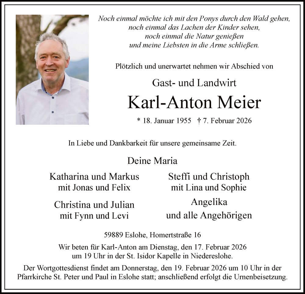  Traueranzeige für Karl-Anton Meier vom 14.02.2026 aus HASK
