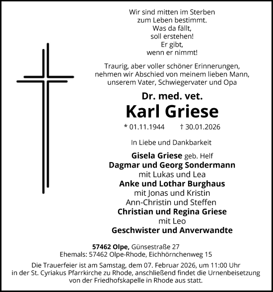 Traueranzeige von Karl Griese von HASK