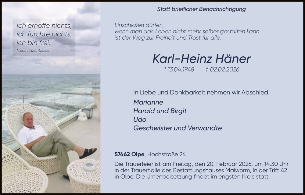  Traueranzeige für Karl-Heinz Häner vom 07.02.2026 aus HASK