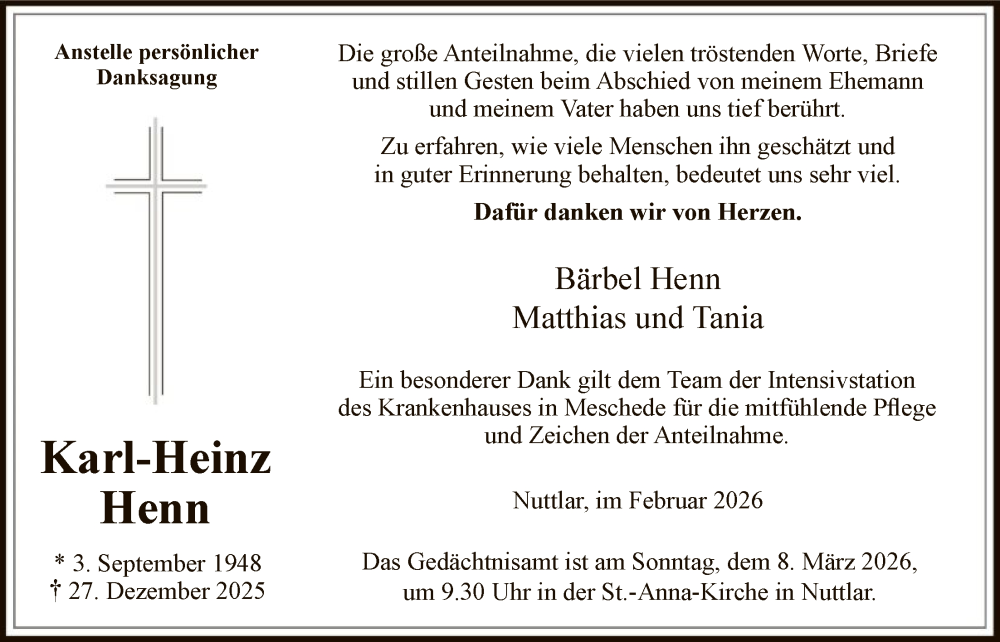 Traueranzeige für Karl-Heinz Henn vom 28.02.2026 aus HASK