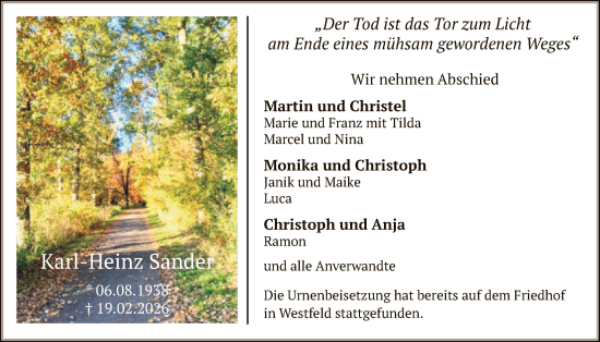 Traueranzeige von Karl-Heinz Sander von HASK