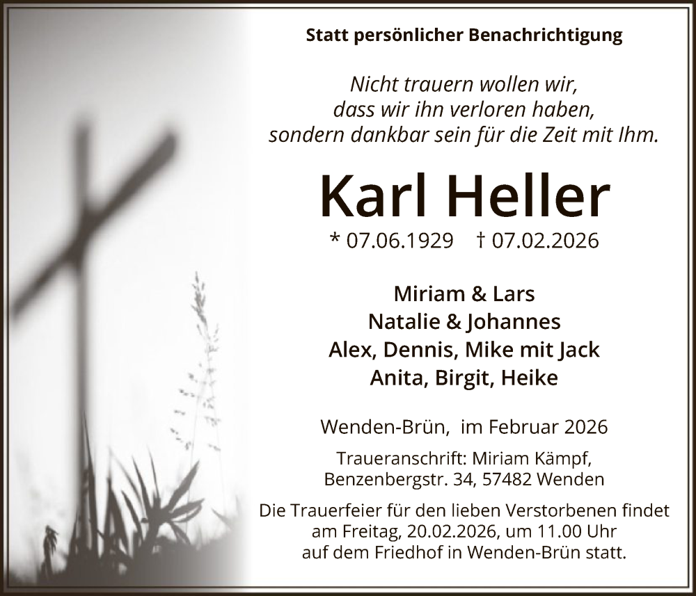  Traueranzeige für Karl Heller vom 14.02.2026 aus HASK