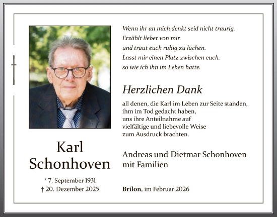Traueranzeige von Karl Schonhoven von HASK