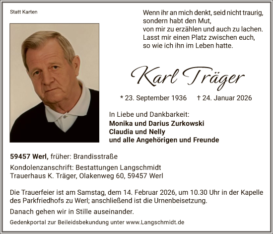 Traueranzeige von Karl Träger von HASO
