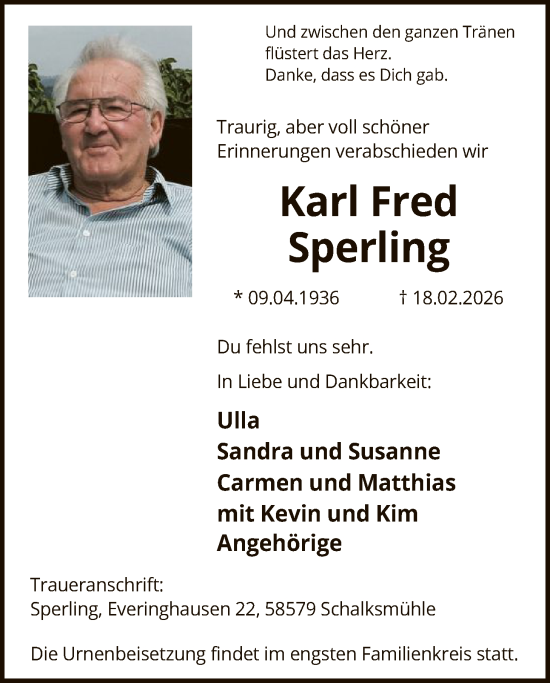 Traueranzeige von Karl Fred Sperling von HALN