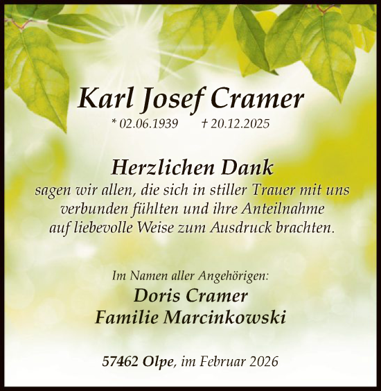 Traueranzeige von Karl Josef Cramer von HASK