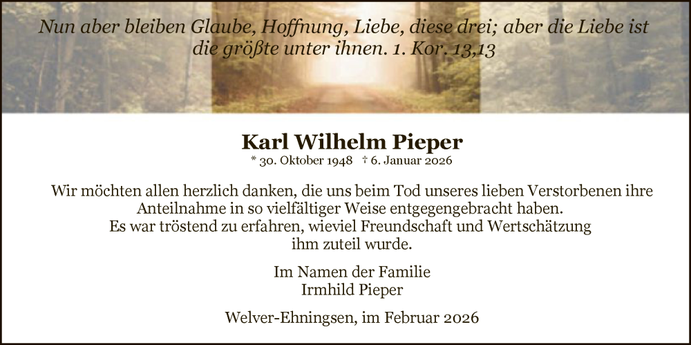  Traueranzeige für Karl Wilhelm Pieper vom 28.02.2026 aus HASO