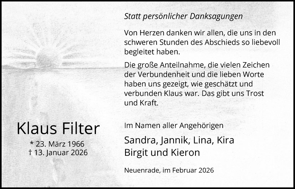  Traueranzeige für Klaus Filter vom 28.02.2026 aus HALN