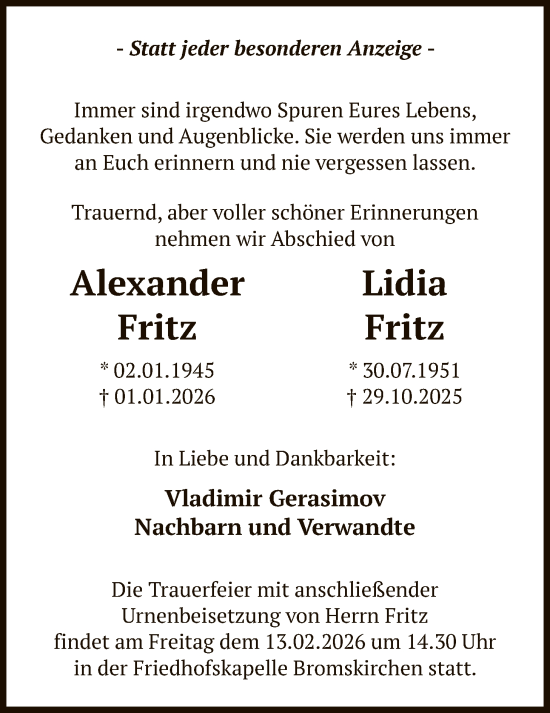 Traueranzeige von Lidia Fritz von HASK