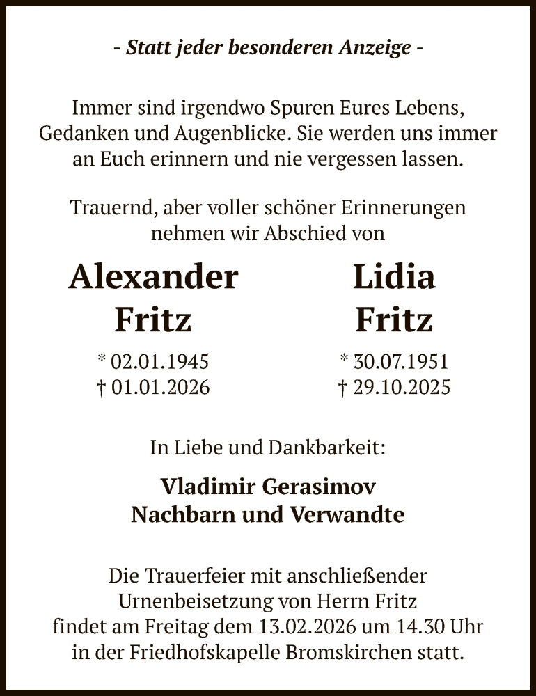  Traueranzeige für Lidia Fritz vom 07.02.2026 aus HASK