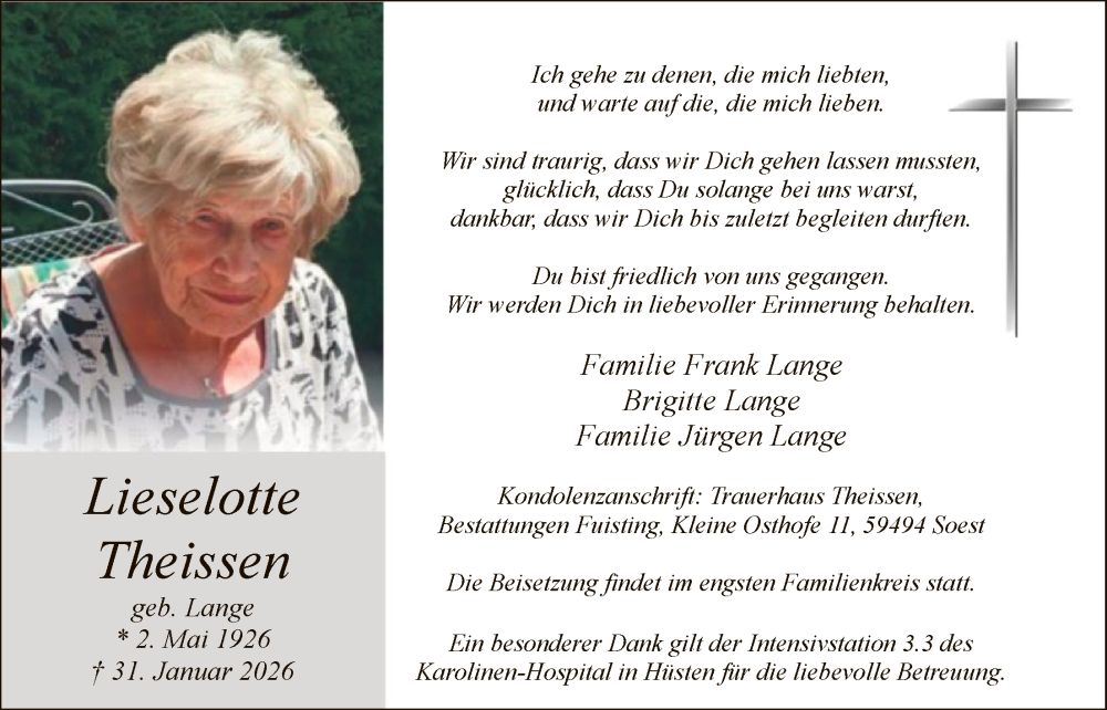  Traueranzeige für Lieselotte Theissen vom 07.02.2026 aus HASK