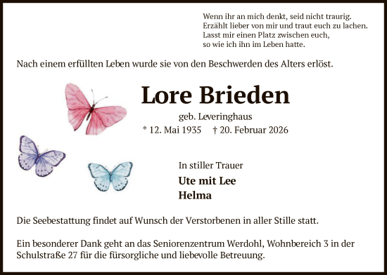 Traueranzeige von Lore Brieden von HALN