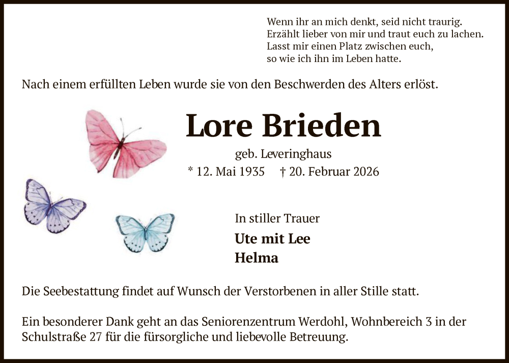  Traueranzeige für Lore Brieden vom 27.02.2026 aus HALN