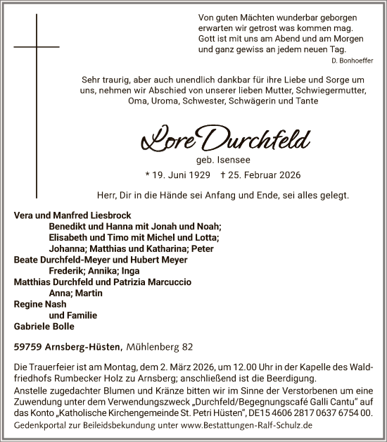 Traueranzeige von Lore Durchfeld von HASK