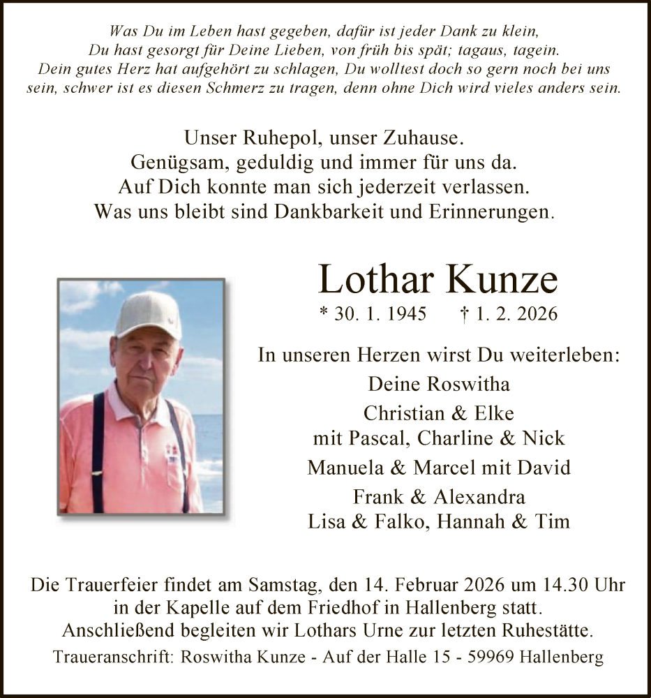  Traueranzeige für Lothar Kunze vom 07.02.2026 aus HASK