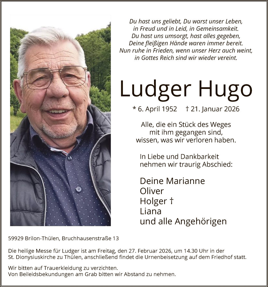  Traueranzeige für Ludger Hugo vom 07.02.2026 aus HASK