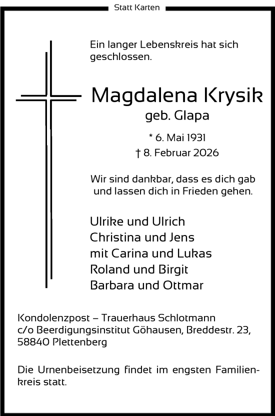 Traueranzeige von Magdalena Krysik von HALN