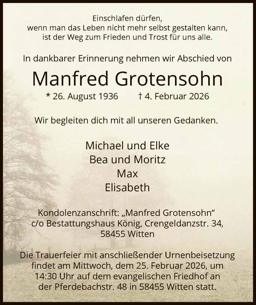  Traueranzeige für Manfred Grotensohn vom 14.02.2026 aus HALN