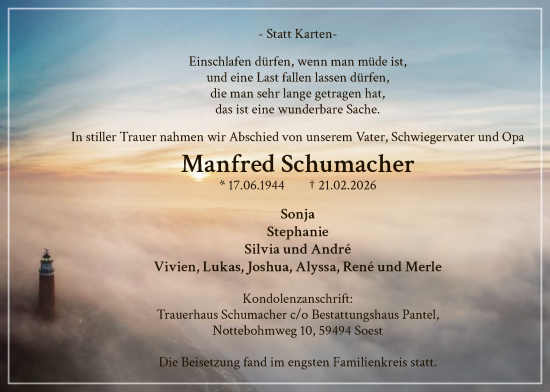 Traueranzeige von Manfred Schumacher von HASO