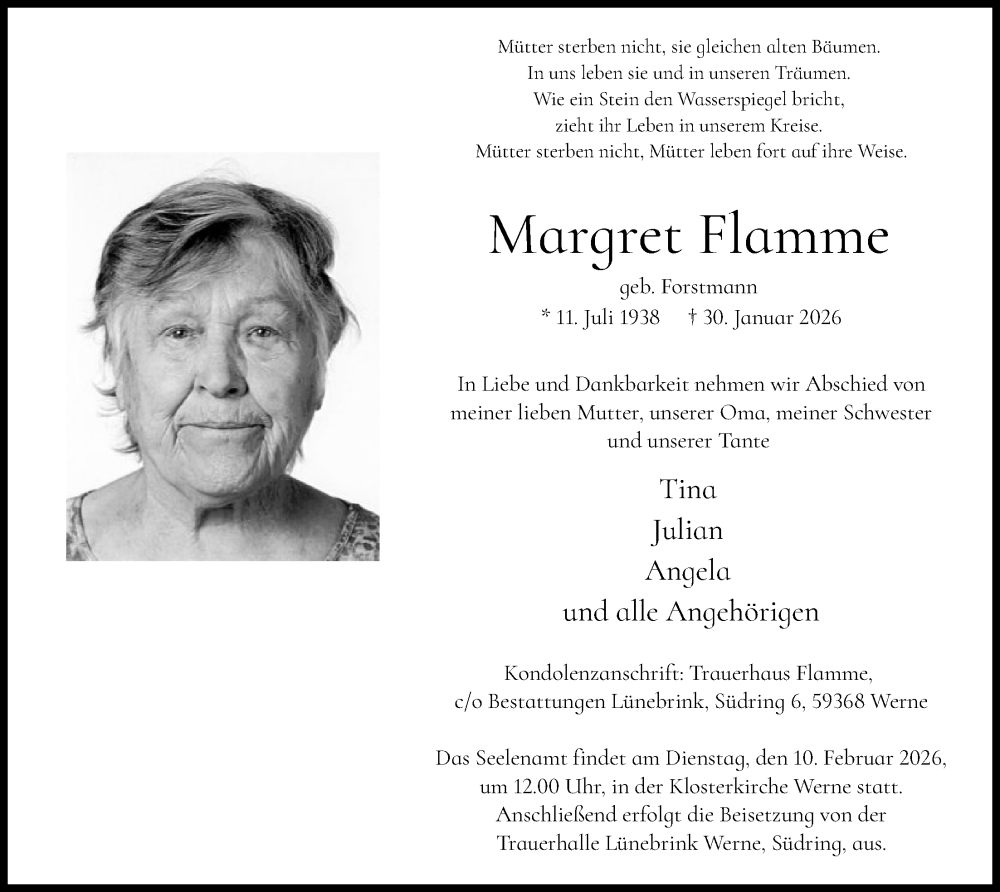  Traueranzeige für Margret Flamme vom 07.02.2026 aus HAWA