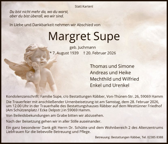 Traueranzeige von Margret Supe von HAWA