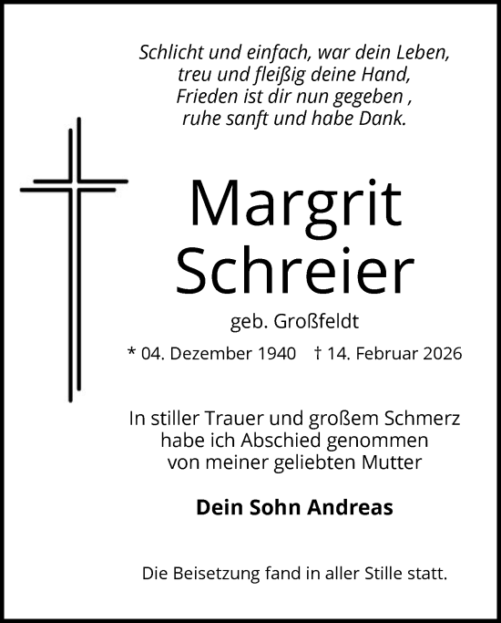 Traueranzeige von Margrit Schreier von HALN
