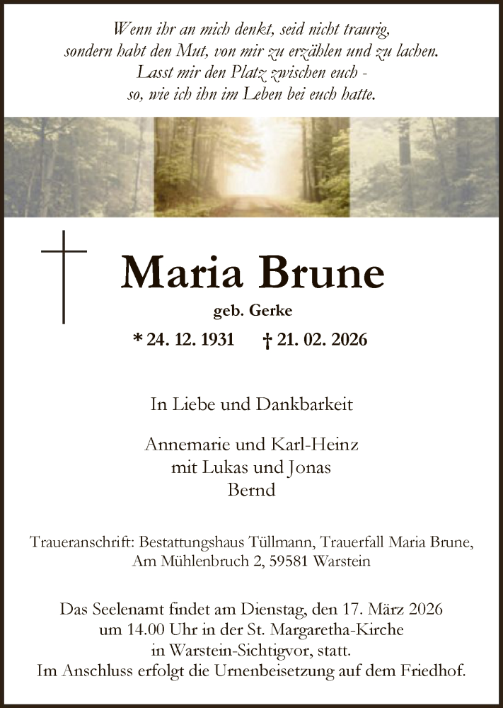  Traueranzeige für Maria Brune vom 28.02.2026 aus HASO