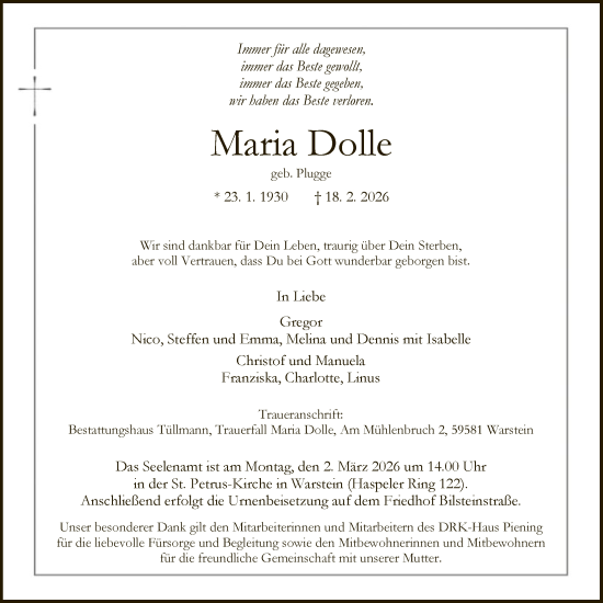 Traueranzeige von Maria Dolle von HASO