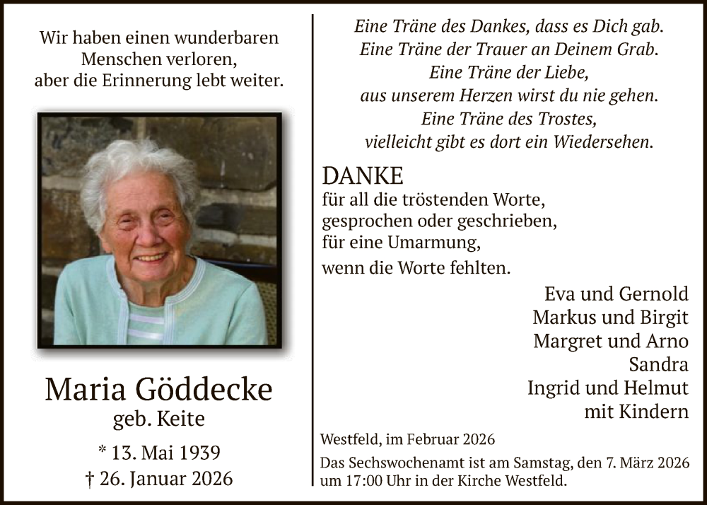  Traueranzeige für Maria Göddecke vom 28.02.2026 aus HASK