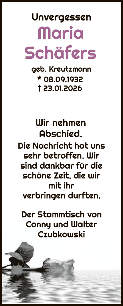 Traueranzeige von Maria Schäfers von HASK