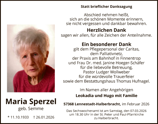 Traueranzeige von Maria Sperzel von HASK