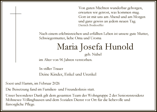 Traueranzeige von Maria Josefa Hunold von HASOHAWA