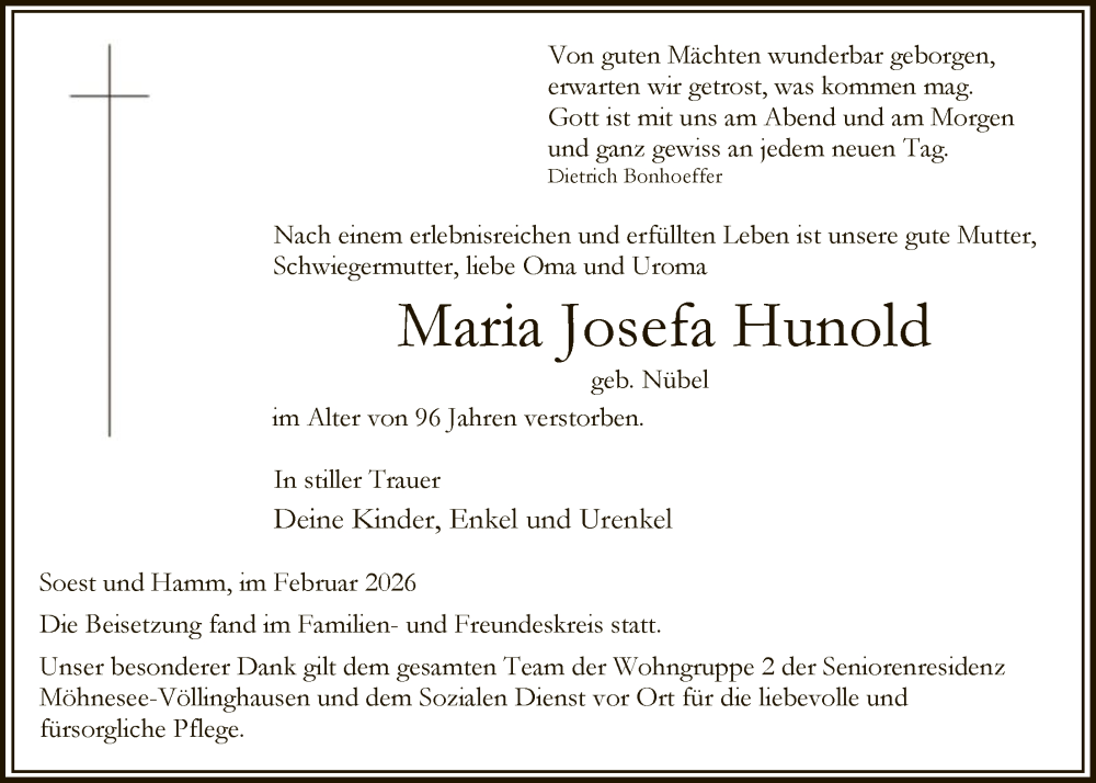  Traueranzeige für Maria Josefa Hunold vom 07.02.2026 aus HASOHAWA