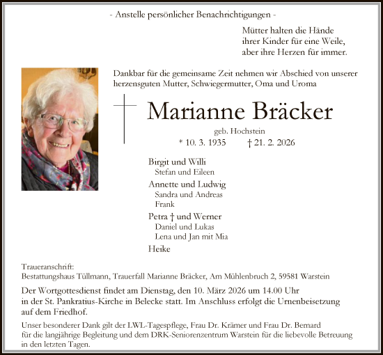 Traueranzeige von Marianne Bräcker von HASO