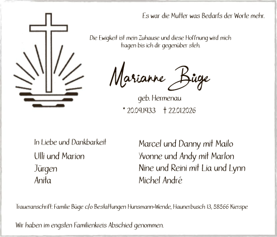 Traueranzeige von Marianne Büge von HALN