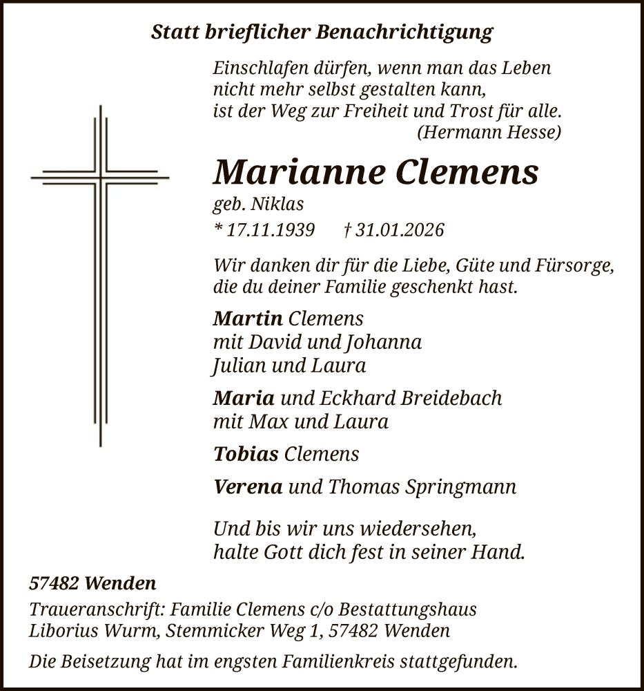  Traueranzeige für Marianne Clemens vom 07.02.2026 aus HASK