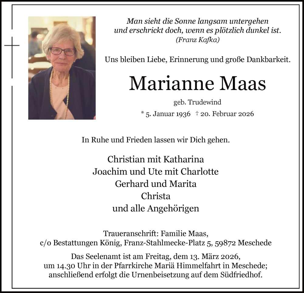  Traueranzeige für Marianne Maas vom 28.02.2026 aus HASK