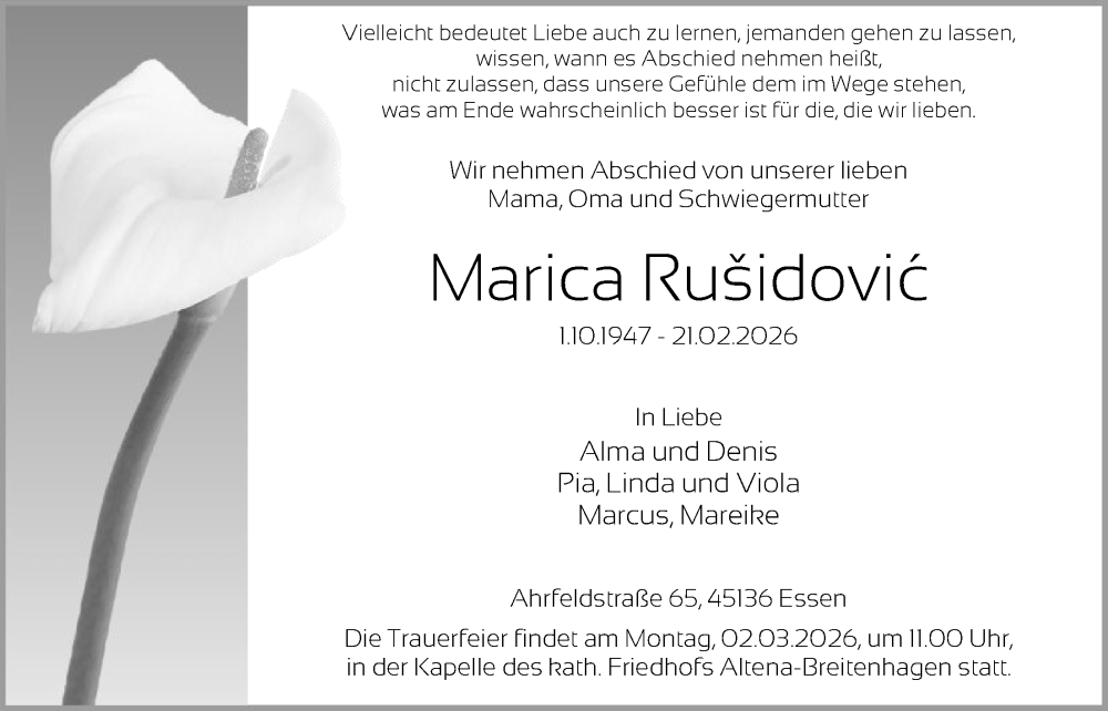  Traueranzeige für Marica Rusidovic vom 25.02.2026 aus HALN