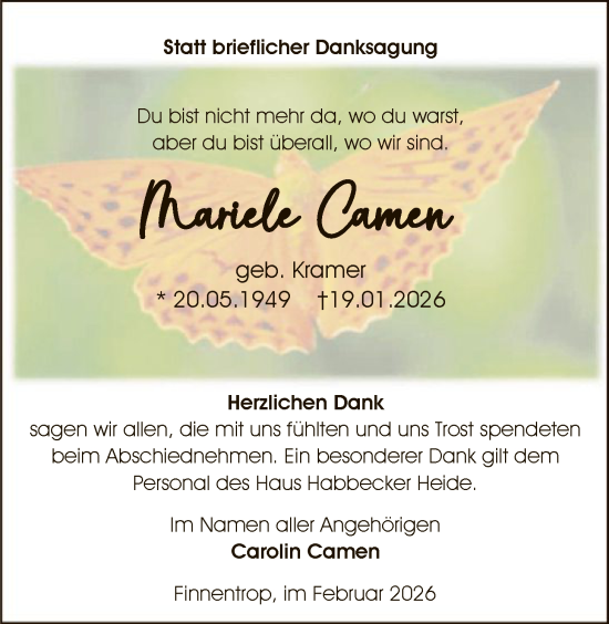 Traueranzeige von Mariele Camen von HASK