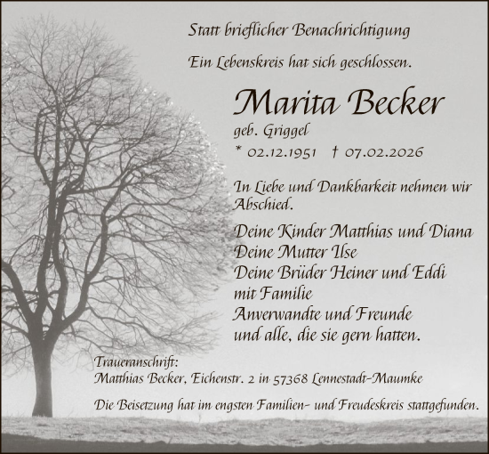 Traueranzeige von Marita Becker von HASK