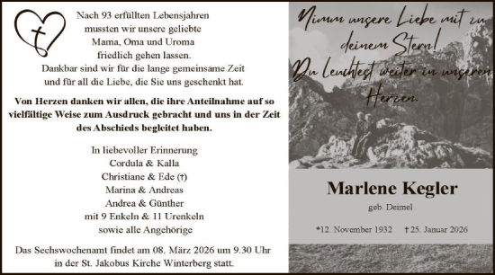 Traueranzeige von Marlene Kegler von HASK
